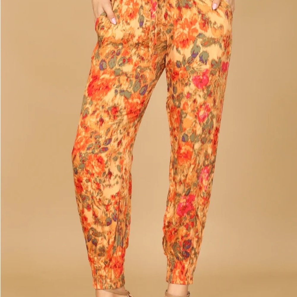 Olivaceous Boho Printed Floral Jogger Pants Elastic Waist Ankle Festival Lounge